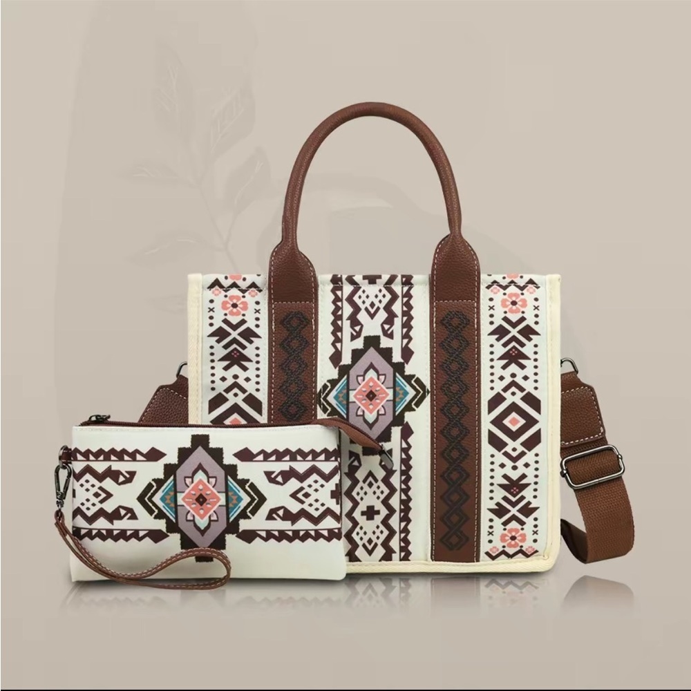Western Brown and Cream Patterned Tote Bag Set